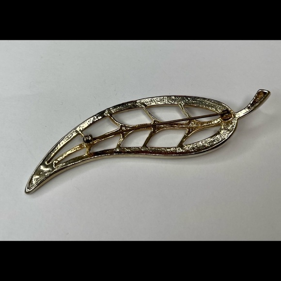 Vintage Estate Gold Rhinestone Leaf Brooch Pin Statement Art To Wear 4in Long - Picture 2 of 3